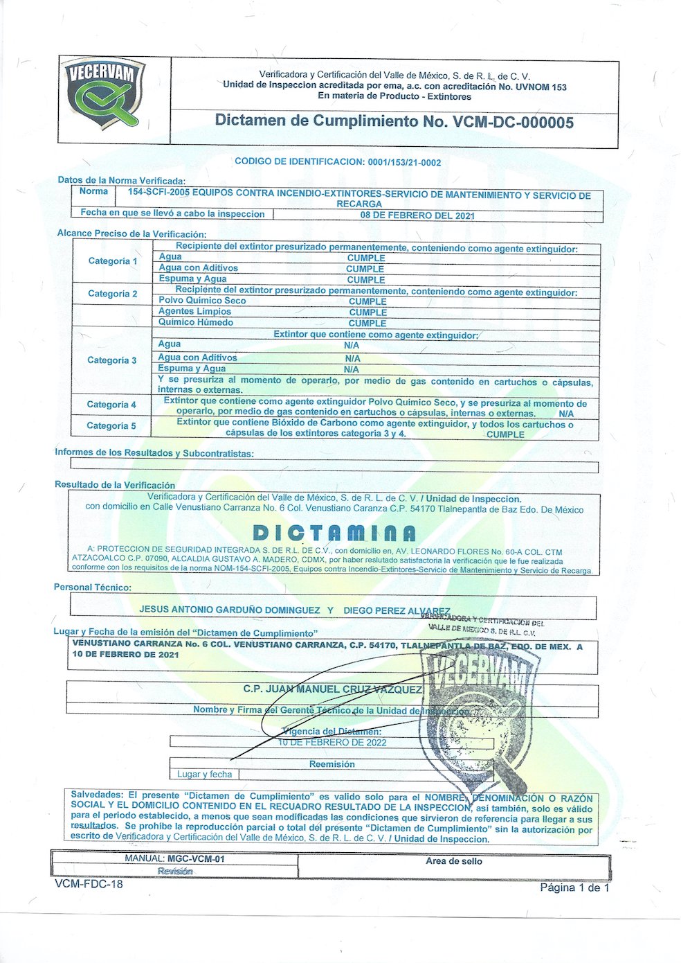 DICTAMEN DE CUMPLIMIENTO No. VCM-DC-00005